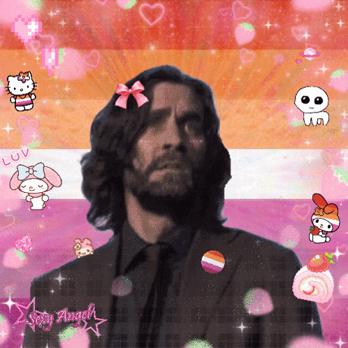 a man in a suit and tie is surrounded by pink and orange hearts and the words sexy angel