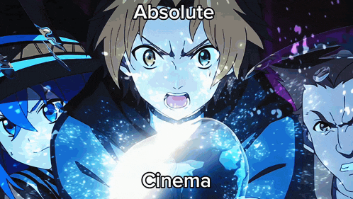 three anime characters are standing next to each other with the words " absolute cinema " above them