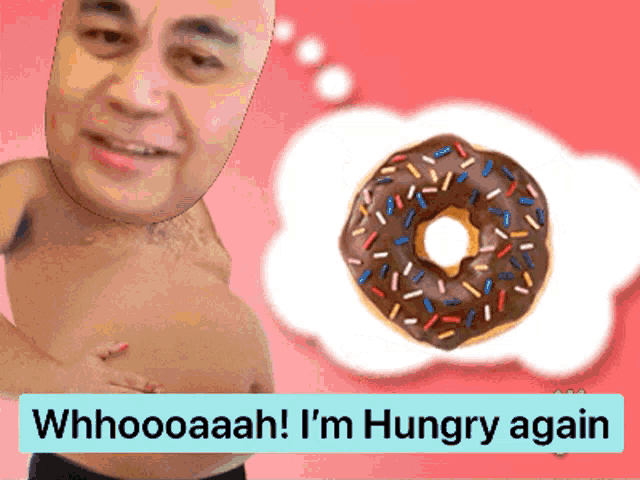 a man without a shirt is thinking about a donut with sprinkles on it