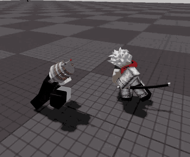 two roblox characters are standing next to each other on a grid floor
