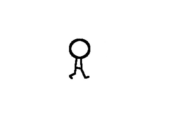 a stick figure is walking with a circle around it .