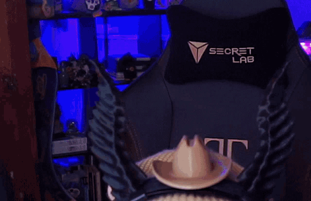 a person wearing a cowboy hat is sitting in a secret lab gaming chair