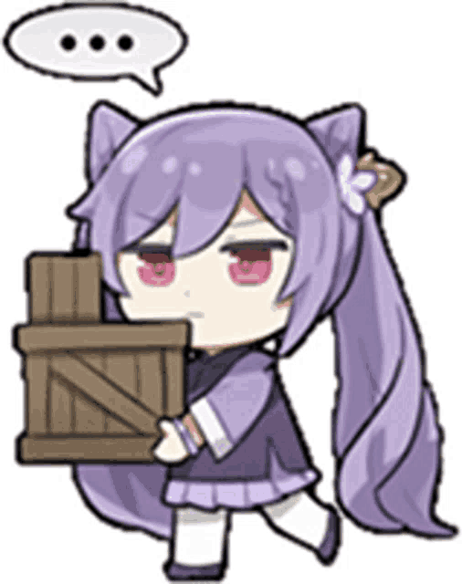 a cartoon girl with purple hair and red eyes is holding a wooden crate .