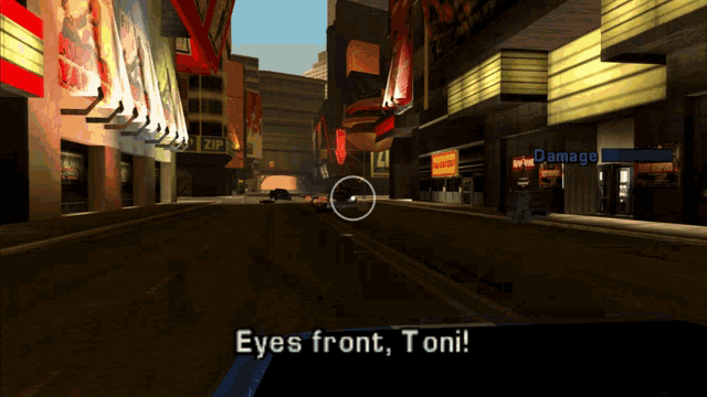 a screenshot of a video game says eyes front toni!