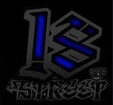 a black and blue logo on a black background with the number 18 on it .
