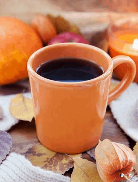 a cup of coffee sits on a table with leaves and pumpkins