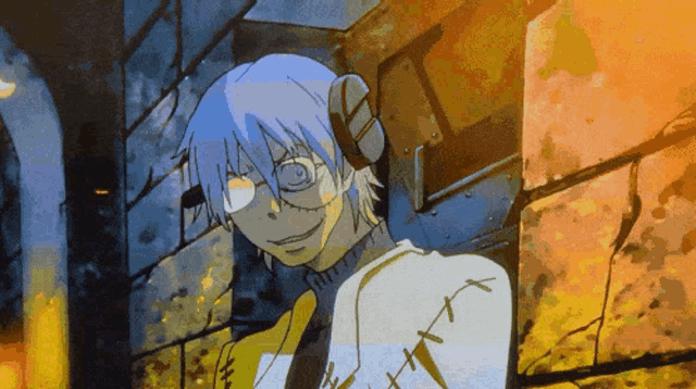 a cartoon character with headphones and stitches on his back