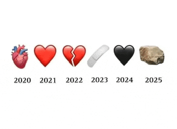 a broken heart a bandage a black heart and a rock are shown in a row from 2020 to 2025