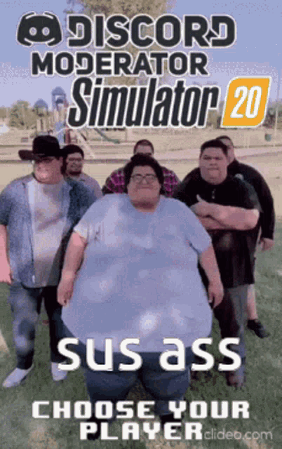 a group of men are standing next to each other in front of a sign that says " discord moderator simulator 20 "