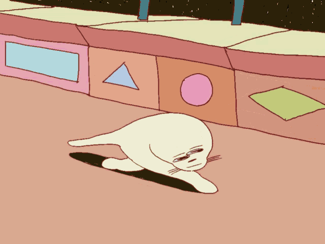 a cartoon drawing of a seal standing in front of a wall with geometric shapes