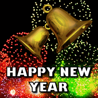 a happy new year greeting with bells and fireworks