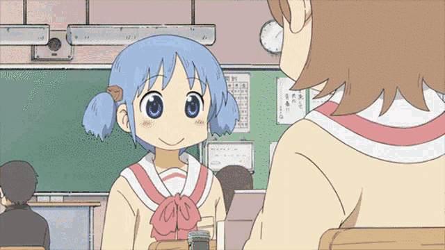 a cartoon of a girl sitting at a desk with a clock on the wall behind her
