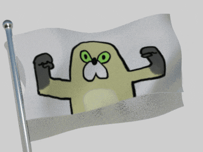 a flag with a drawing of a cat with green eyes