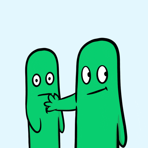 a cartoon drawing of two green ghosts one of which is pointing at the other