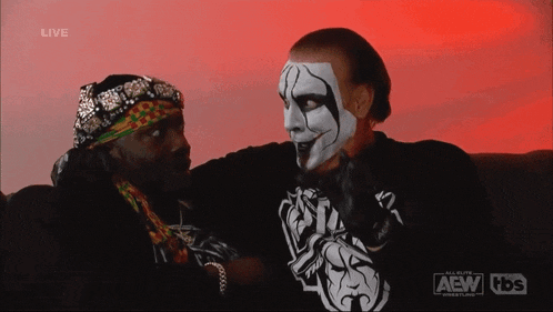 two men are sitting next to each other on a screen that says aew hds