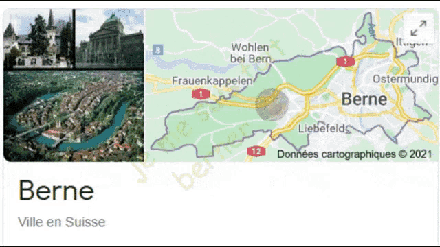 a map showing the location of berne and a picture of the city