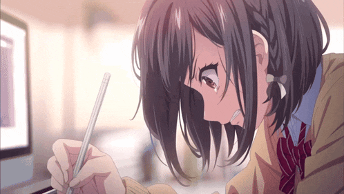 a girl in a school uniform is writing on a piece of paper with a pencil