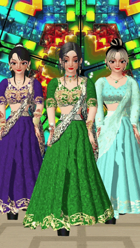 a group of three women standing next to each other wearing different outfits