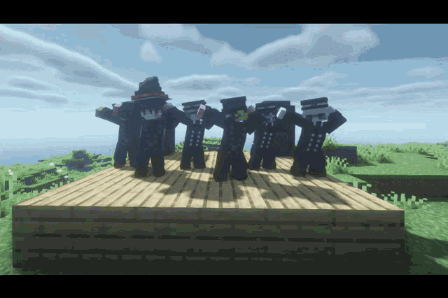 a group of minecraft characters stand on a wooden platform
