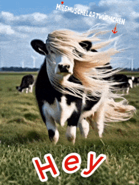 a black and white cow with long hair is running in a field with the words hey in the foreground
