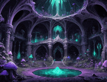 a painting of a castle with purple mushrooms and a pool of water