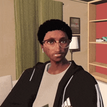 a man wearing glasses and a black adidas jacket looks at the camera