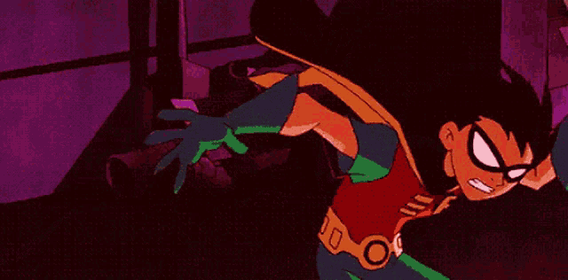 a cartoon of robin holding a sword in front of a sign that has the letter w on it