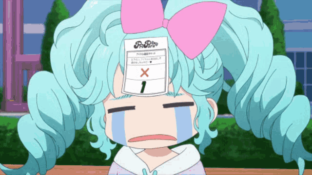 a girl with blue hair and a pink bow has a ticket on her head with the number 1