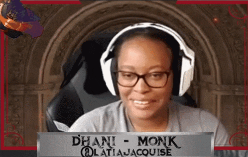 a woman wearing headphones with the name dhani monk written on the bottom
