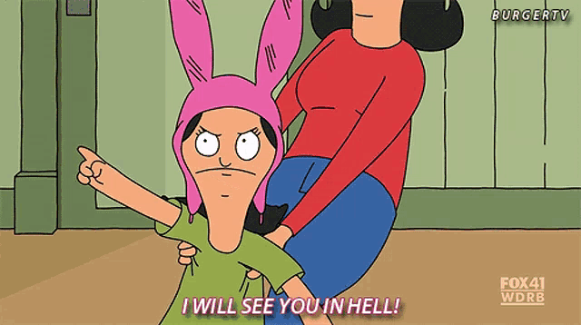 a cartoon of a woman holding a child with the words " i will see you in hell "
