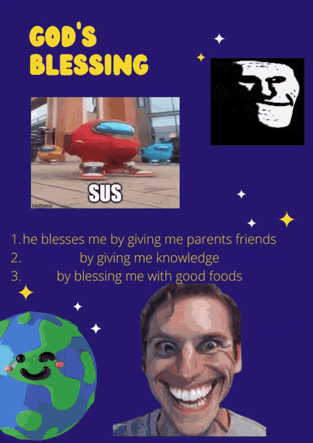 a poster that says god 's blessing and has among us and troll faces