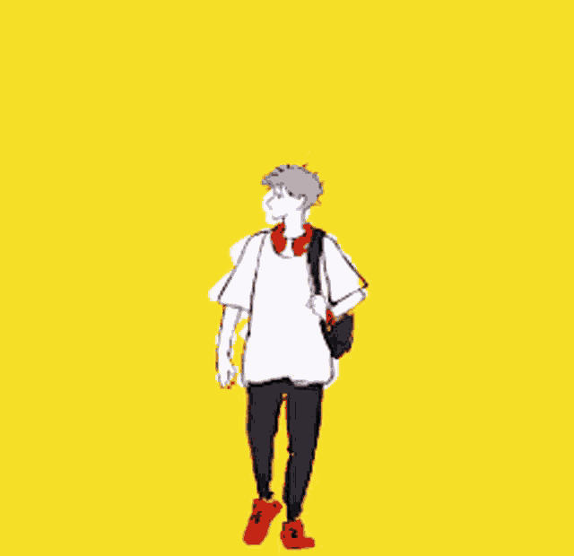 a drawing of a boy wearing headphones and a backpack