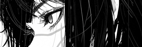 a black and white drawing of a woman 's face with long hair