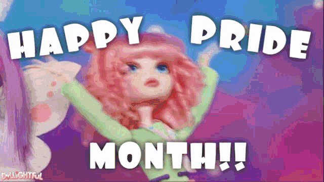 a happy pride month greeting card with a doll in the foreground