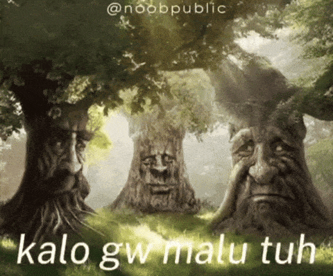 a painting of three trees with faces carved into them