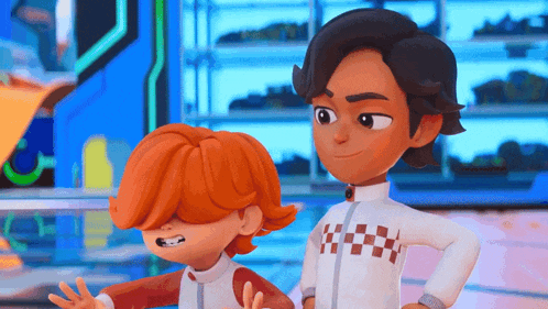 a couple of cartoon characters standing next to each other .