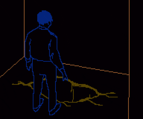 a pixel art of a man in a dark room