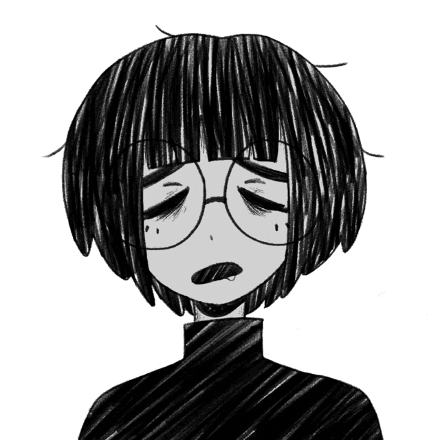 a black and white drawing of a girl wearing glasses and a turtleneck