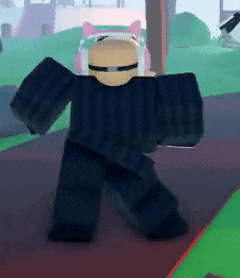 a roblox character is standing on a sidewalk wearing headphones and a striped shirt .