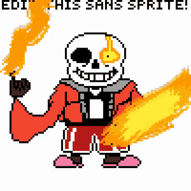 a pixel art drawing of a skeleton holding a torch with the words edit his sans sprite