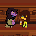 a pixel art of a cartoon character holding another character 's hand .