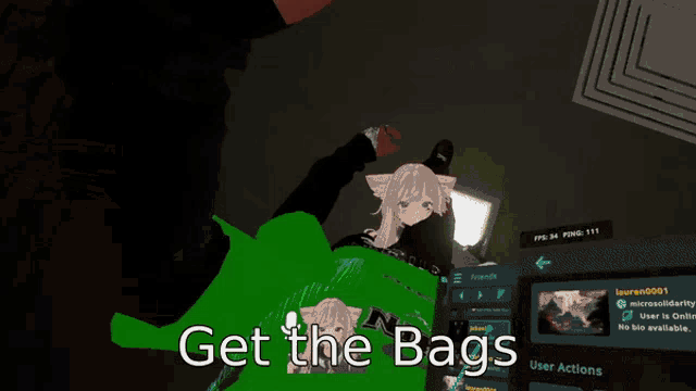 a green sign with the words get the bags written below it