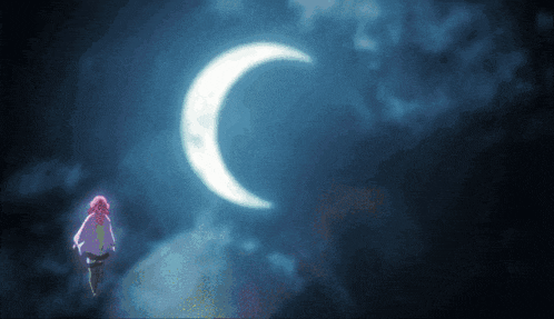a girl stands in front of a crescent moon in the night sky