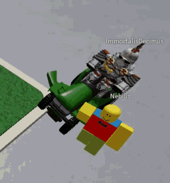 a roblox character is riding a green lawn mower next to a roblox character .