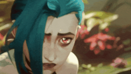 a close up of a cartoon character with blue hair and red eyes