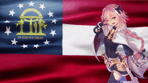 a girl with a sword is in front of a flag that says in god we trust
