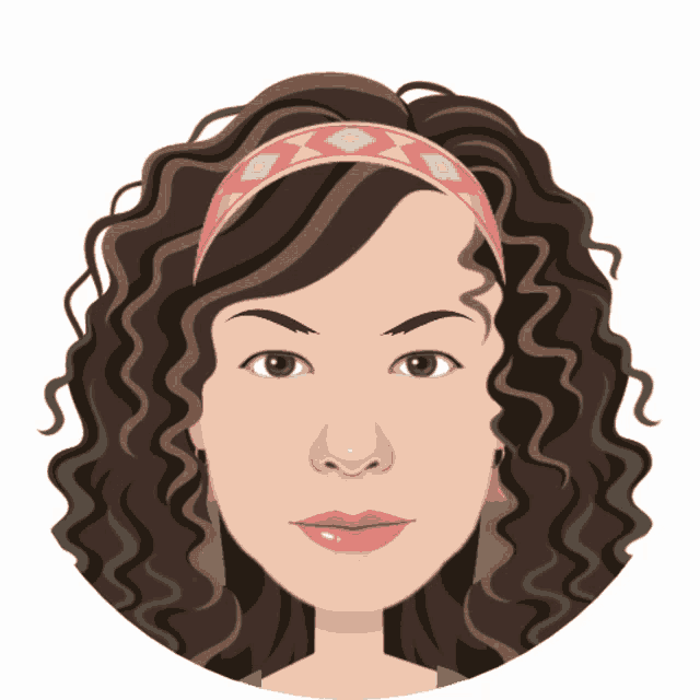 a cartoon drawing of a woman with curly hair and a headband