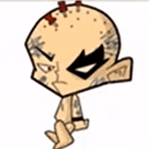 a cartoon character with a bald head and a black mask on
