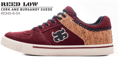 a pair of red reed low sneakers with cork and burgundy suede