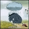 eeyore is standing in the rain with a cloud on top of his head .